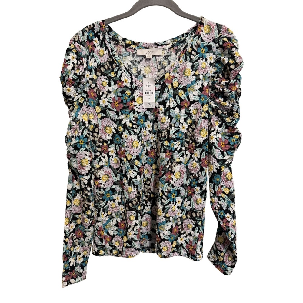 LOFT Floral Puff Sleeve Rushed Top Women's Size M Multicolor Fairy Cottagecore